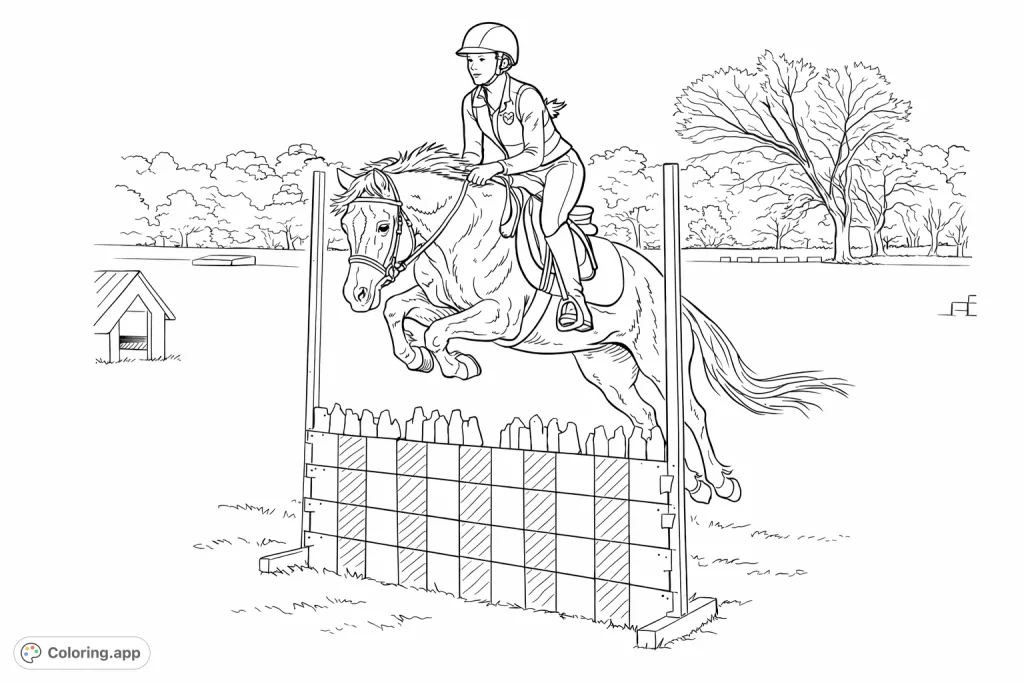 Experience the thrill of equestrian sport with this dynamic horse jumping coloring page. A rider and horse soar over a striped obstacle in a field.
