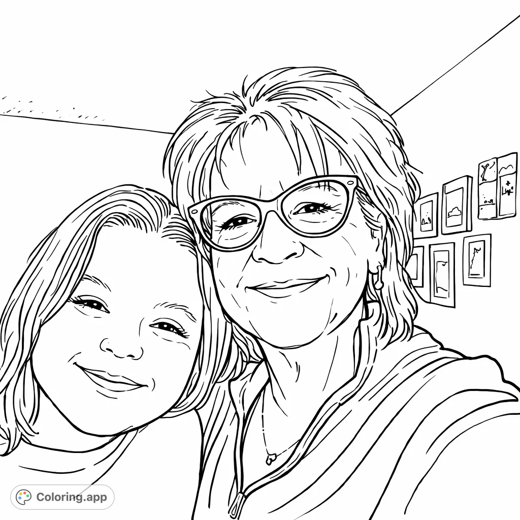 Capture the warmth of family bonds with this heartwarming portrait of a grandmother and grandchild embracing. A beautiful scene for personalized coloring.