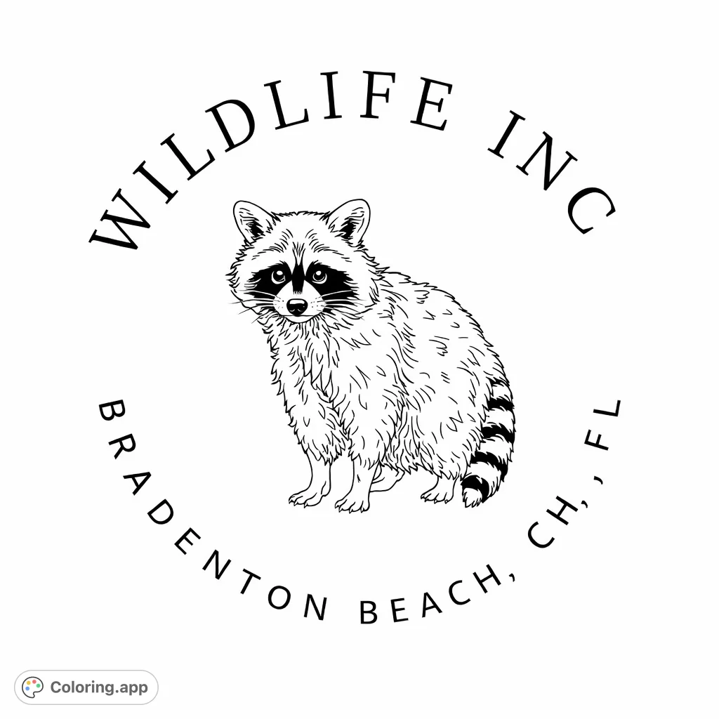 A charming raccoon coloring page featuring a detailed portrait of the animal with its distinctive masked face and striped tail, perfect for nature enthusiasts.