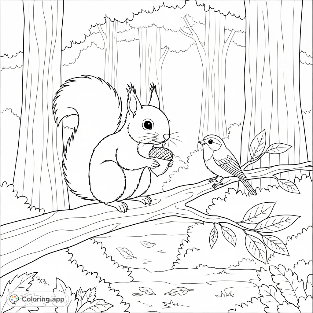 Discover a charming forest squirrel coloring page! A cute squirrel eats an acorn with a friendly bird nearby on a tree branch.
