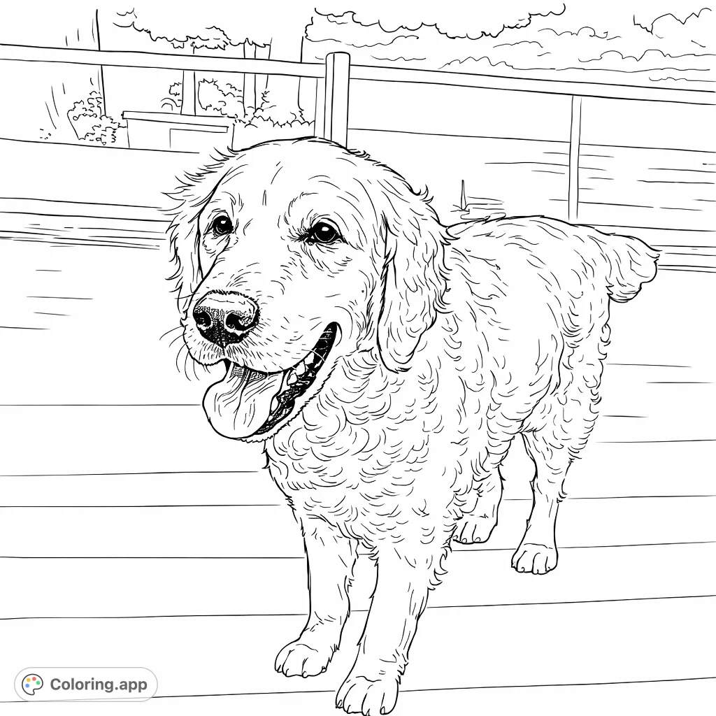 A cheerful Golden Retriever standing on a sunny deck, ready for a fun day of coloring. Perfect for dog lovers of all ages!