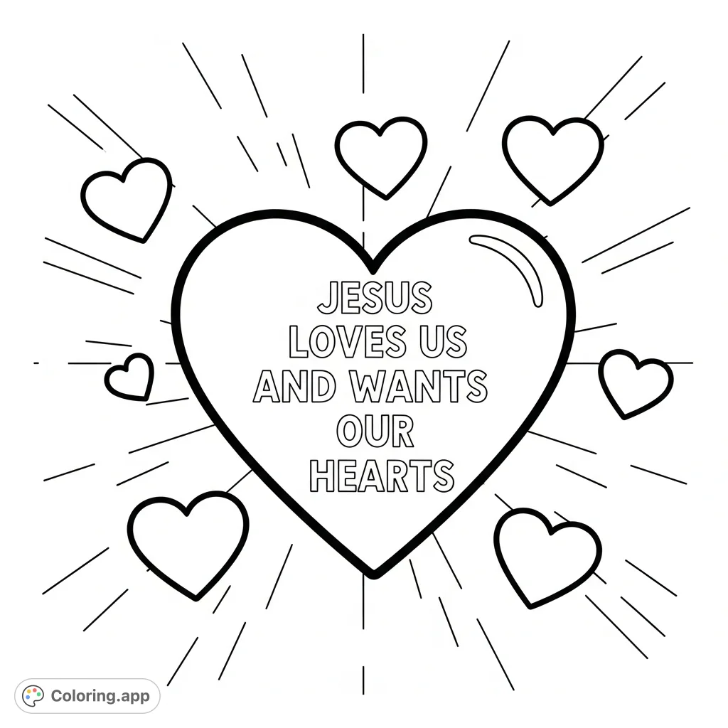 A heartwarming Jesus coloring page for kids, featuring a large heart with the message "Jesus Loves Us and Wants Our Hearts," surrounded by smaller hearts.