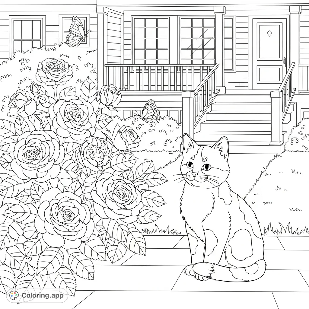 A charming free printable coloring page featuring a small cat with a unique patchwork fur pattern by a rose bush in front of a welcoming house with a porch.