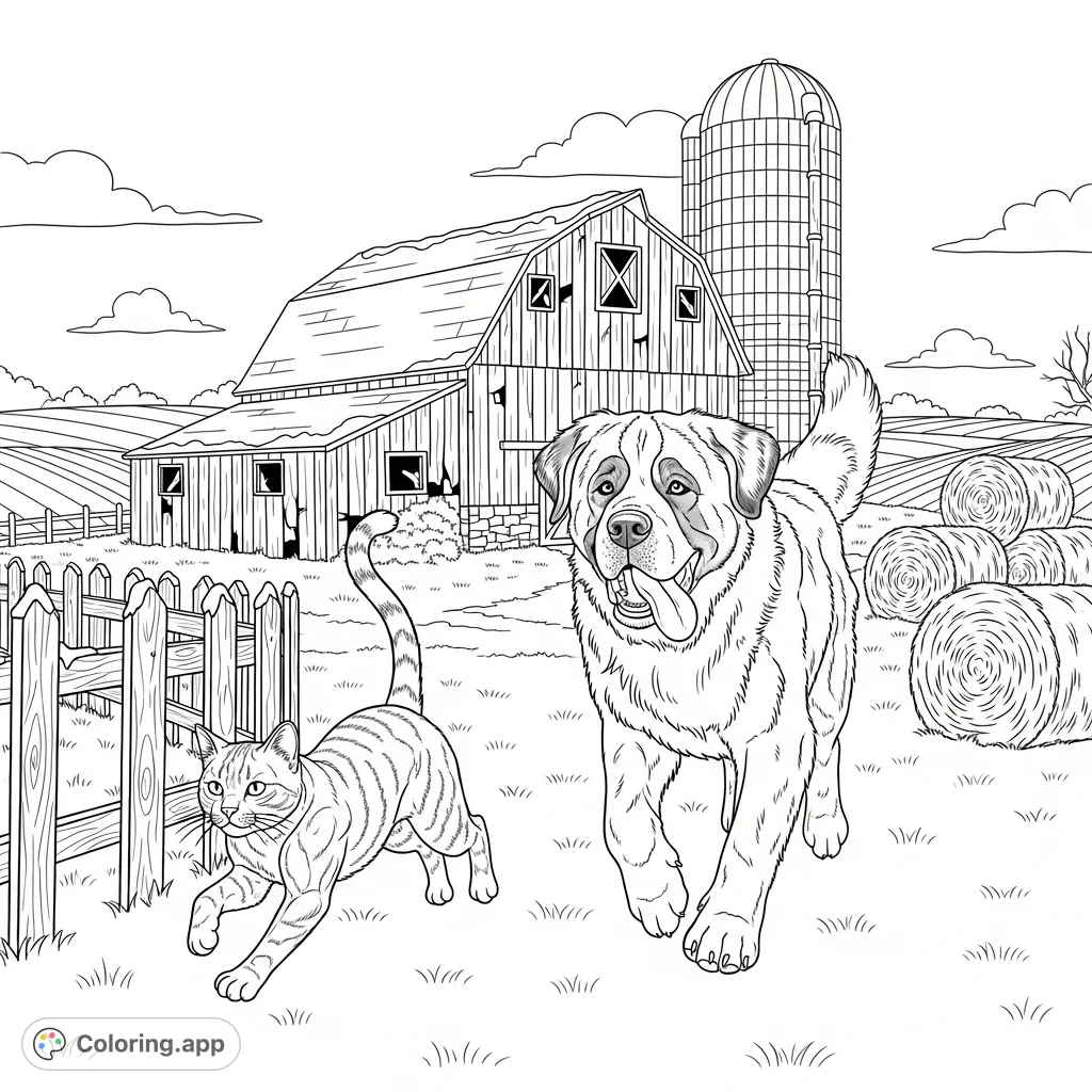 Experience the lively scene of a St. Bernard chasing a cat across a charming vintage Iowa farm.