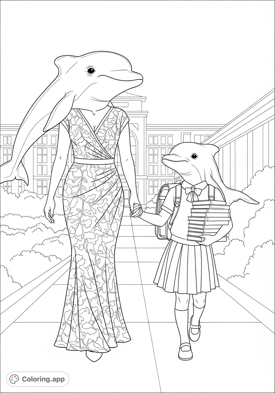 An elegant dolphin-headed mother walks her dolphin-headed daughter, dressed in a school uniform with books and a backpack, along a path to school. A whimsical and charming scene for coloring.