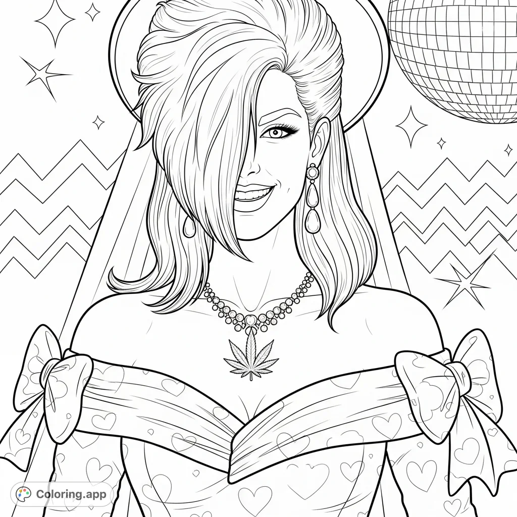 Step back into the 80s with this unique bride. Featuring a teased hairstyle, ruched dress, pearl earrings, and a distinctive cannabis leaf pendant.