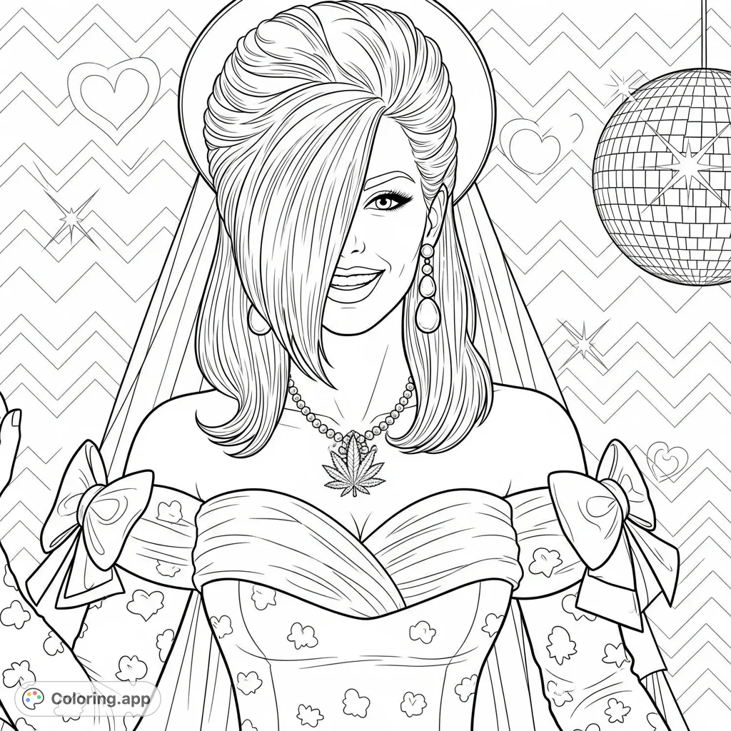 Embrace retro glam with this 80s bride coloring page, featuring a voluminous teased hairstyle, ruched dress, and unique cannabis leaf pendant.