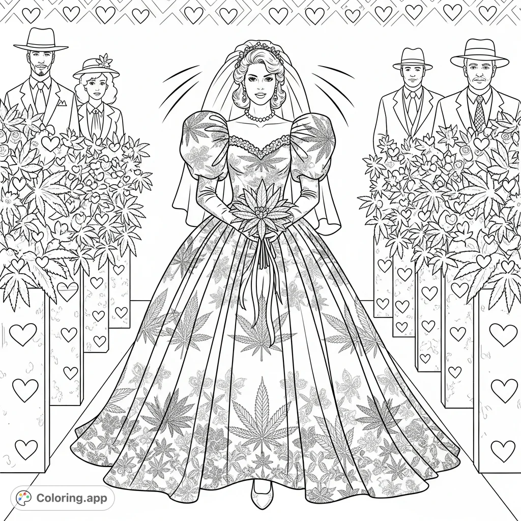 Step back to the 80s with this unique bride. Her gown features a cannabis leaf jacquard, complemented by a cannabis flower bouquet and a leafy aisle.