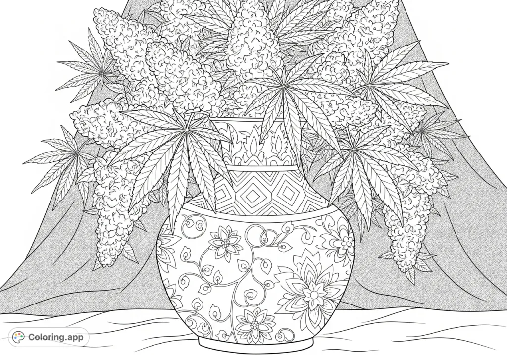 An intricate coloring page featuring a decorative vase overflowing with detailed marijuana leaves and dense buds, set against a softly textured fabric backdrop.