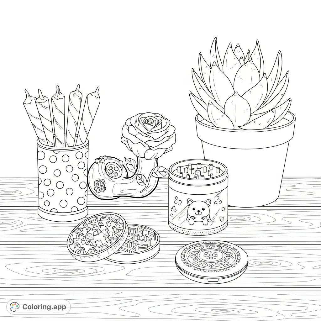 A unique adult still life coloring page featuring hand-rolled joints, a rose-shaped glass pipe, a whimsical grinder, a patterned compact, and a succulent on a wooden desk.