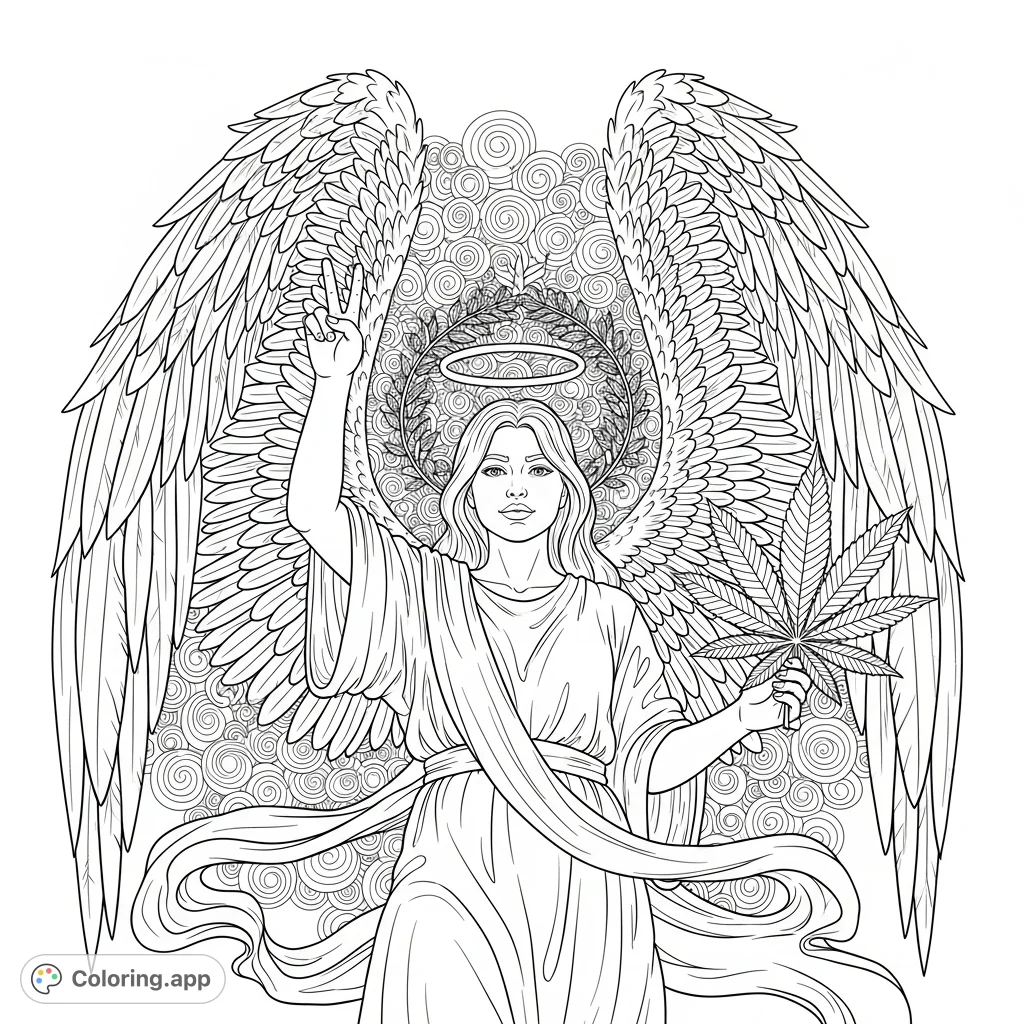 An angelic figure with majestic feathered wings and an intricate halo holds cannabis leaves, making a peace sign amidst swirling celestial patterns.
