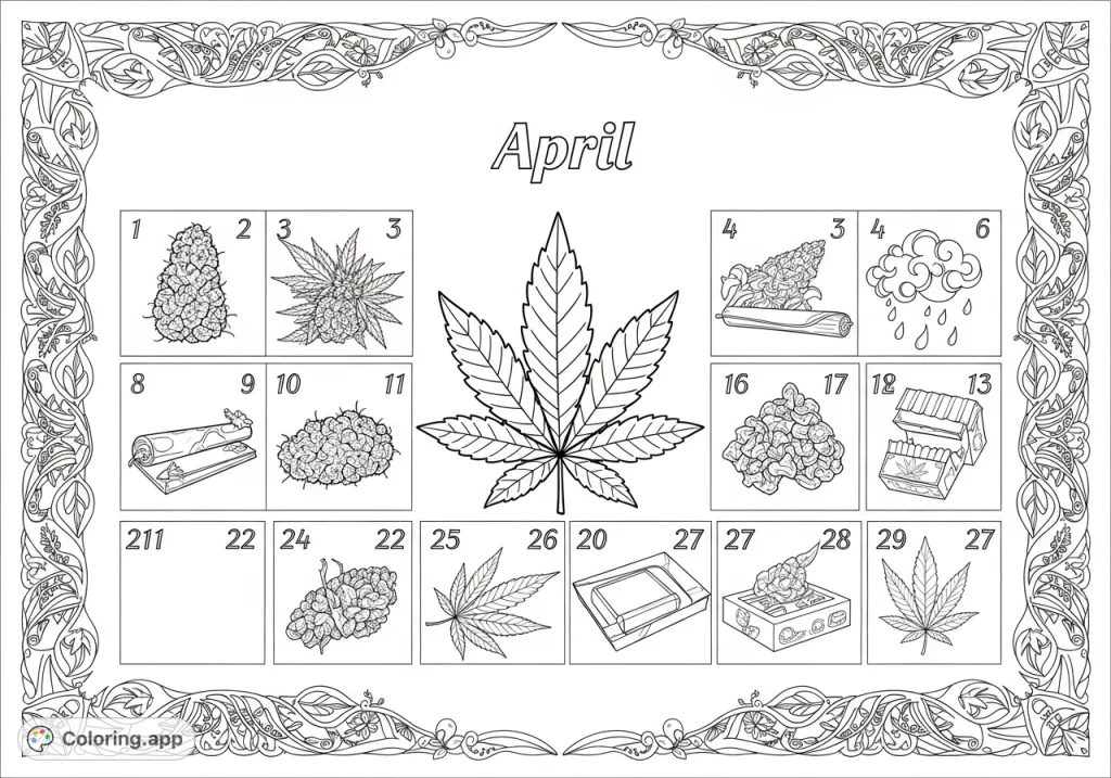 A unique April calendar coloring page featuring a prominent cannabis leaf, stylized cannabis elements, and intricate decorative borders for adults.