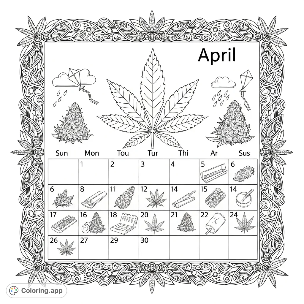 A detailed April cannabis calendar coloring page featuring a prominent leaf, intricate borders, and small illustrations of buds and smoking accessories for adults.
