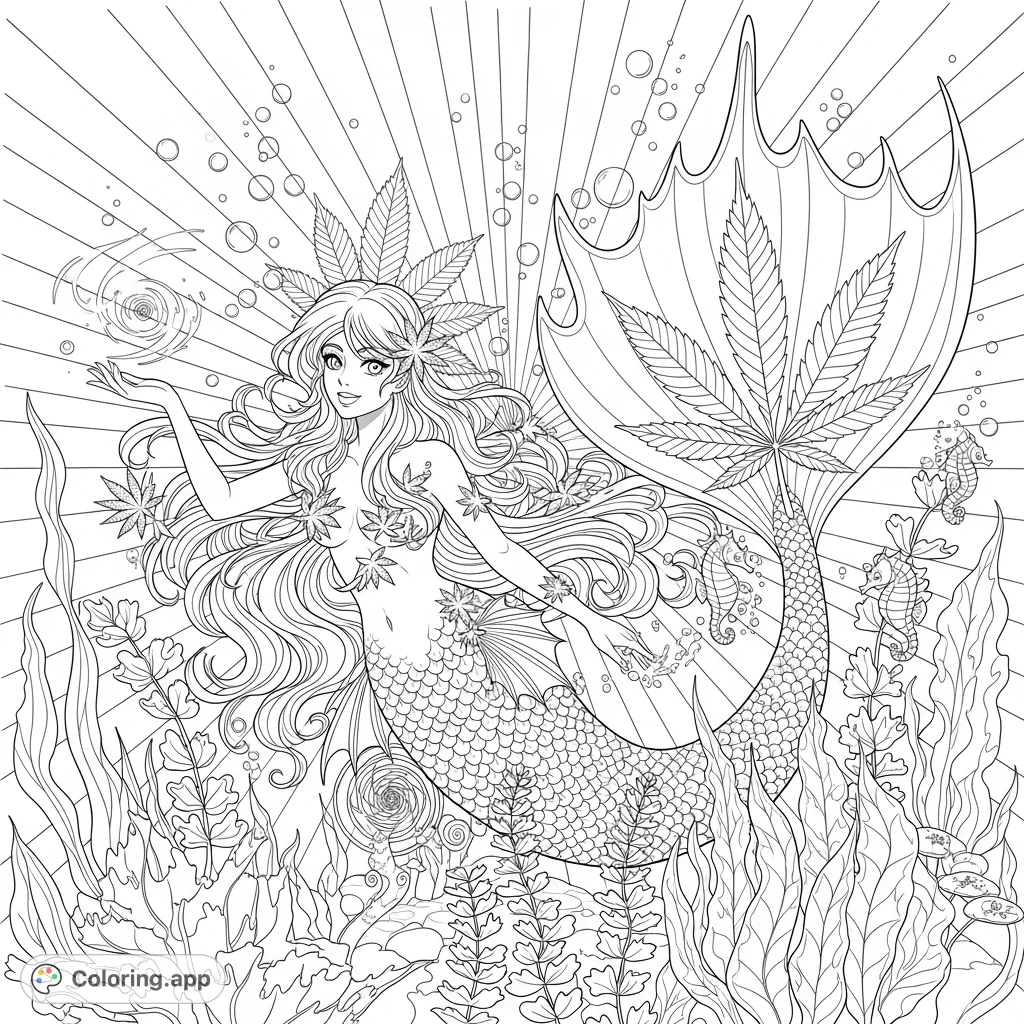 A graceful mermaid reclines in an underwater scene, her flowing hair and tail adorned with intricate cannabis leaf motifs, surrounded by aquatic plants and ascending bubbles.