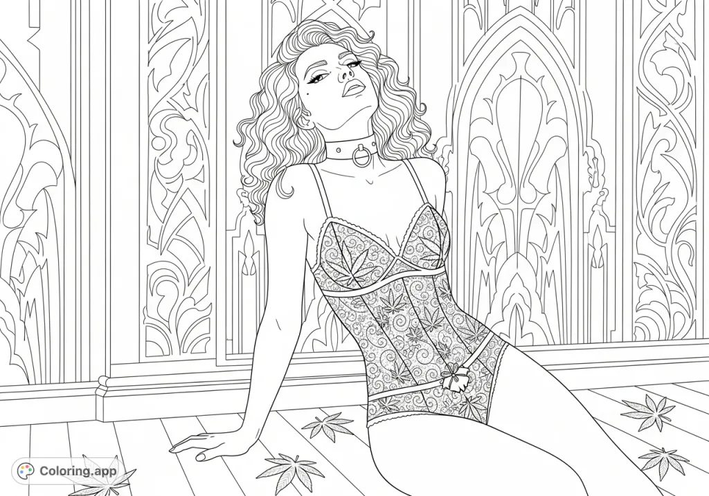 A confident woman in cannabis-themed lace lingerie leans against an ornate Art Deco wall, surrounded by decorative cannabis leaves. A sophisticated and detailed coloring page for adults.