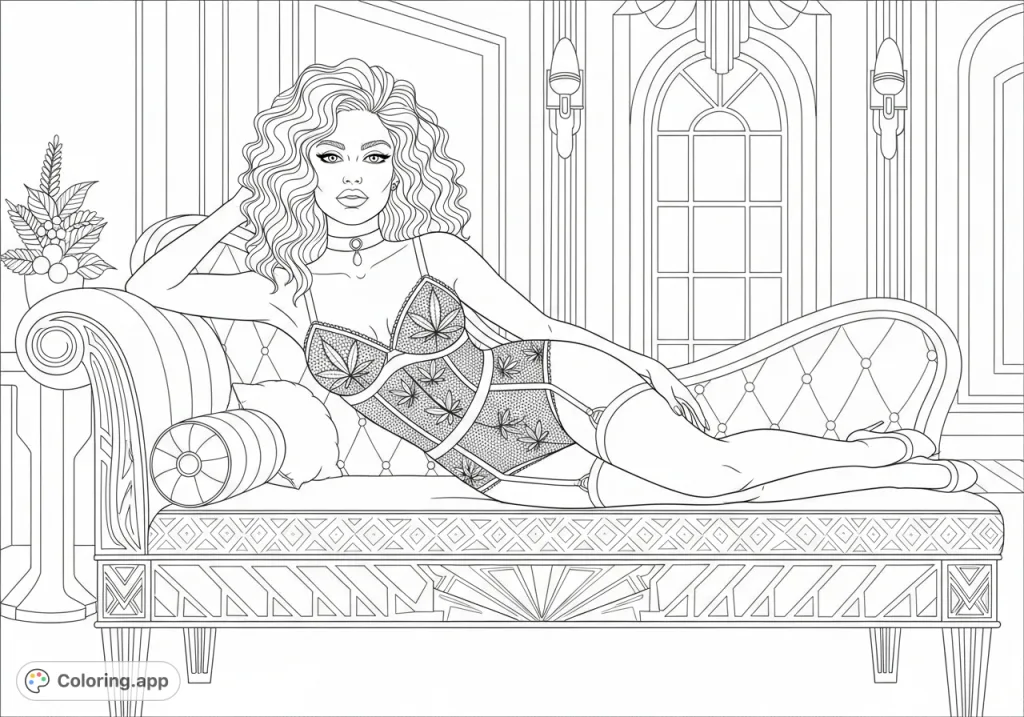 An opulent Art Deco scene featuring a confident woman in lace lingerie with cannabis leaf motifs, reclining on a chaise longue by arched windows. A unique adult coloring page.