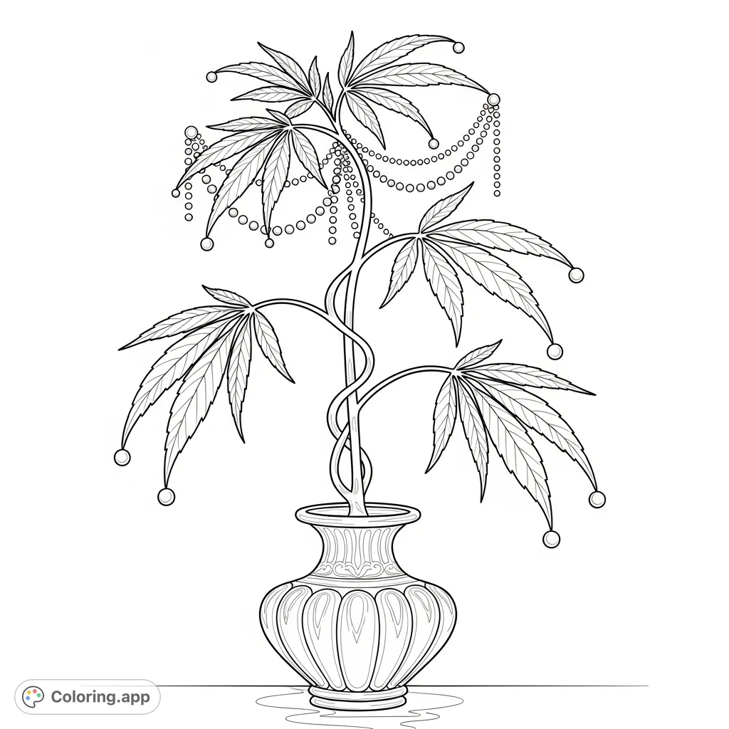 An elegant cannabis plant design featuring Art Nouveau curves, intricate leaves, cascading pearl strings, and an ornate fluted vase on a polished surface.