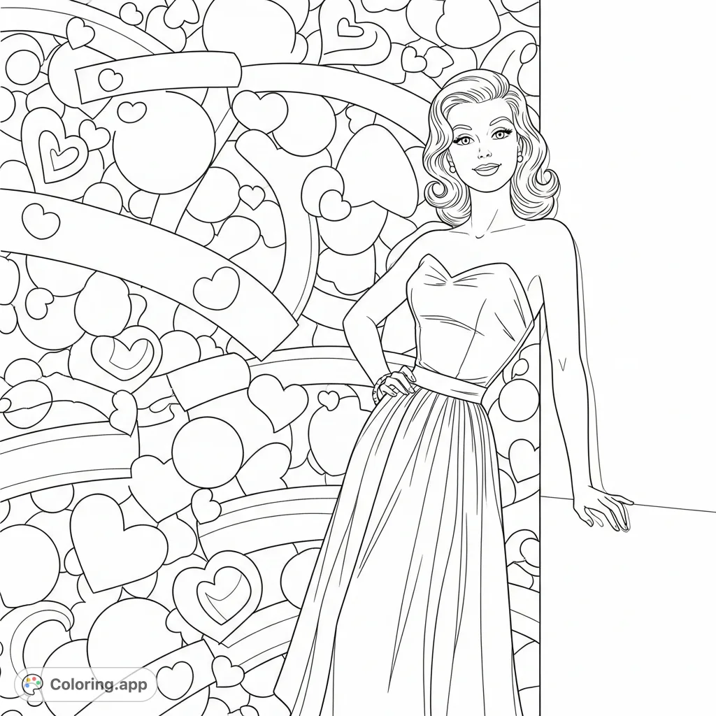 Barbie strikes an iconic pinup pose against a playful backdrop of polka dots, stripes, and hearts, ready for a vibrant coloring adventure!