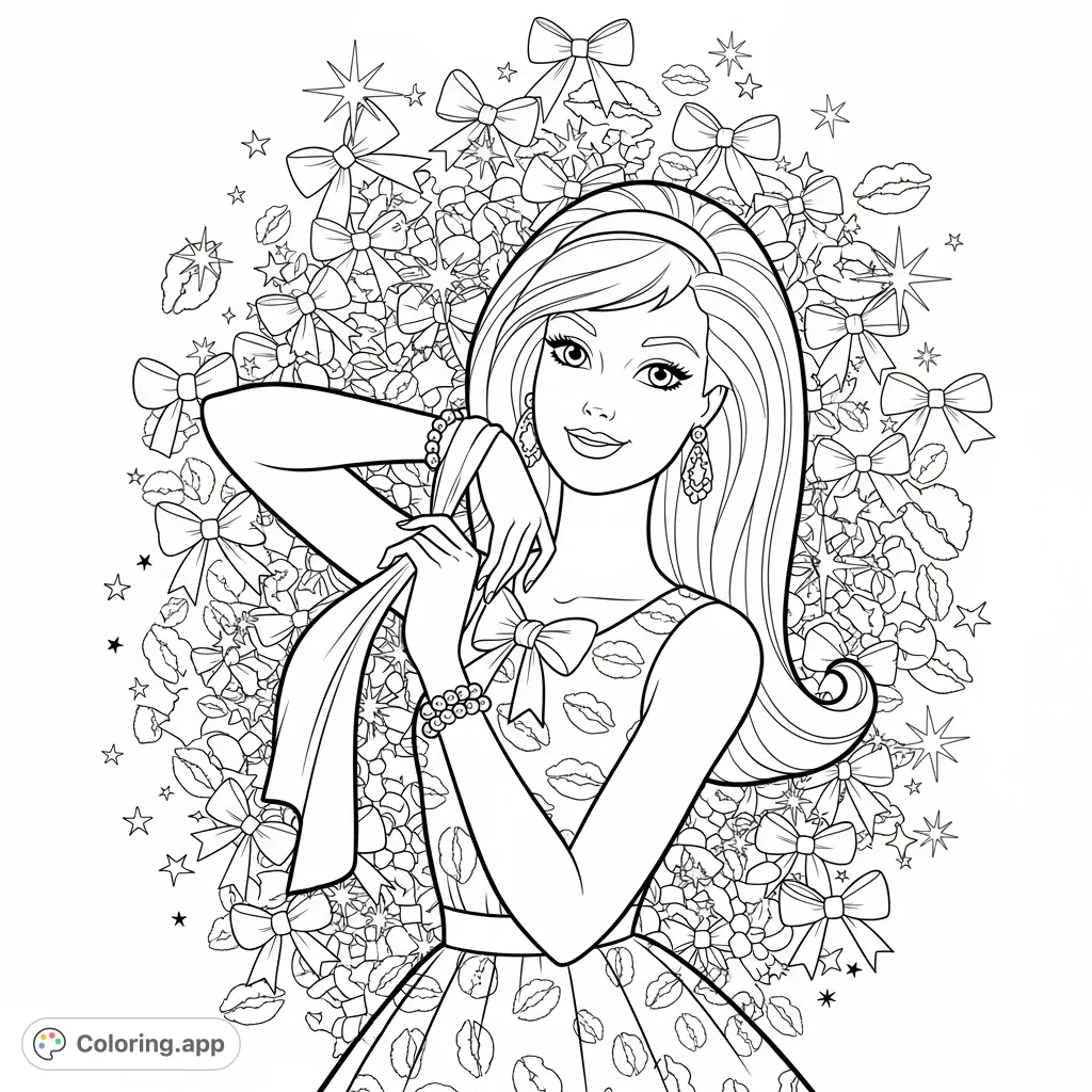 A captivating Barbie pinup coloring page, featuring her in a dynamic pose with a knowing glance, set against an intricate collage of bows, kiss prints, and starbursts.