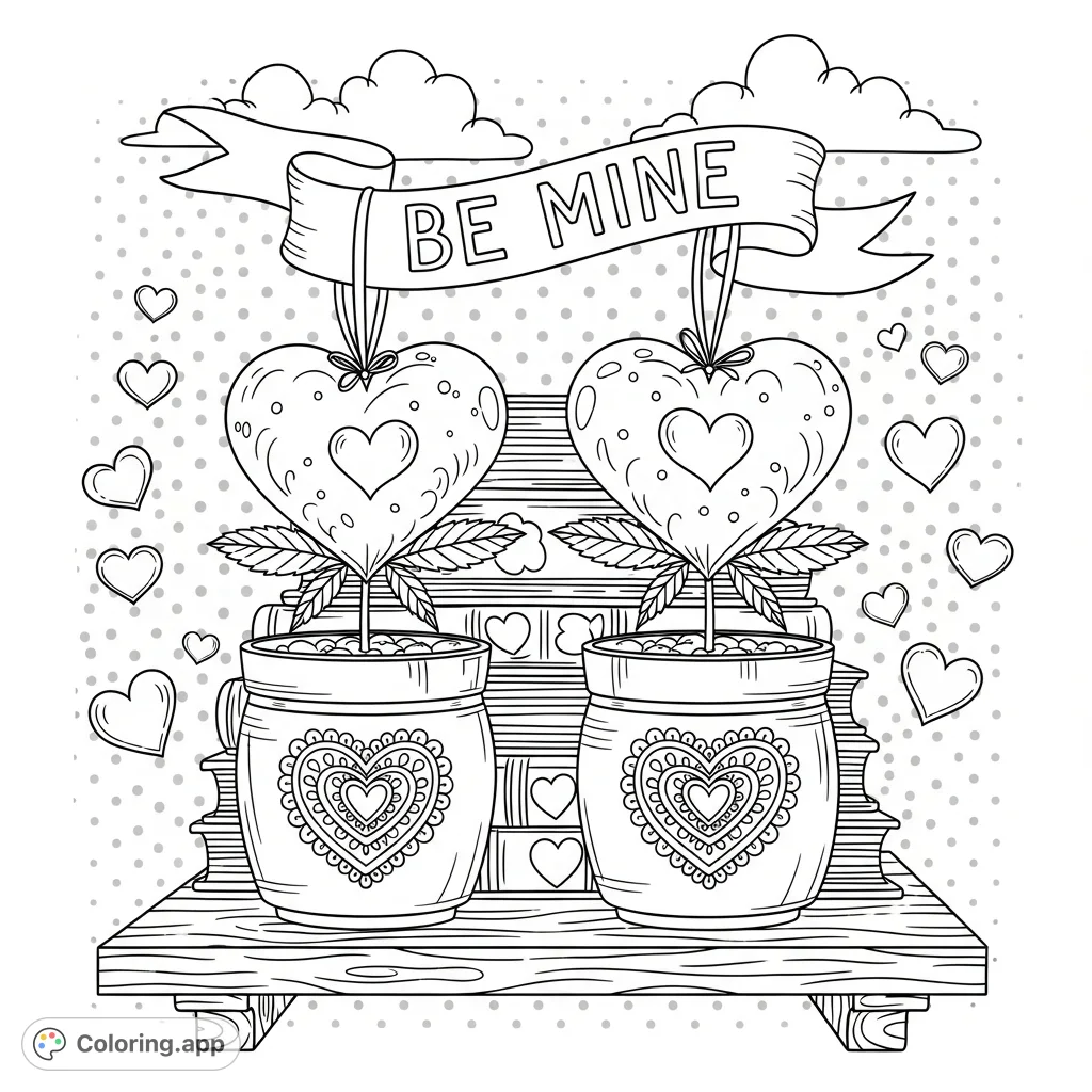 Discover a unique marijuana plant coloring page featuring heart-shaped leaves, heart-motif pots, a 'Be Mine' banner, and floating hearts on a rustic shelf.