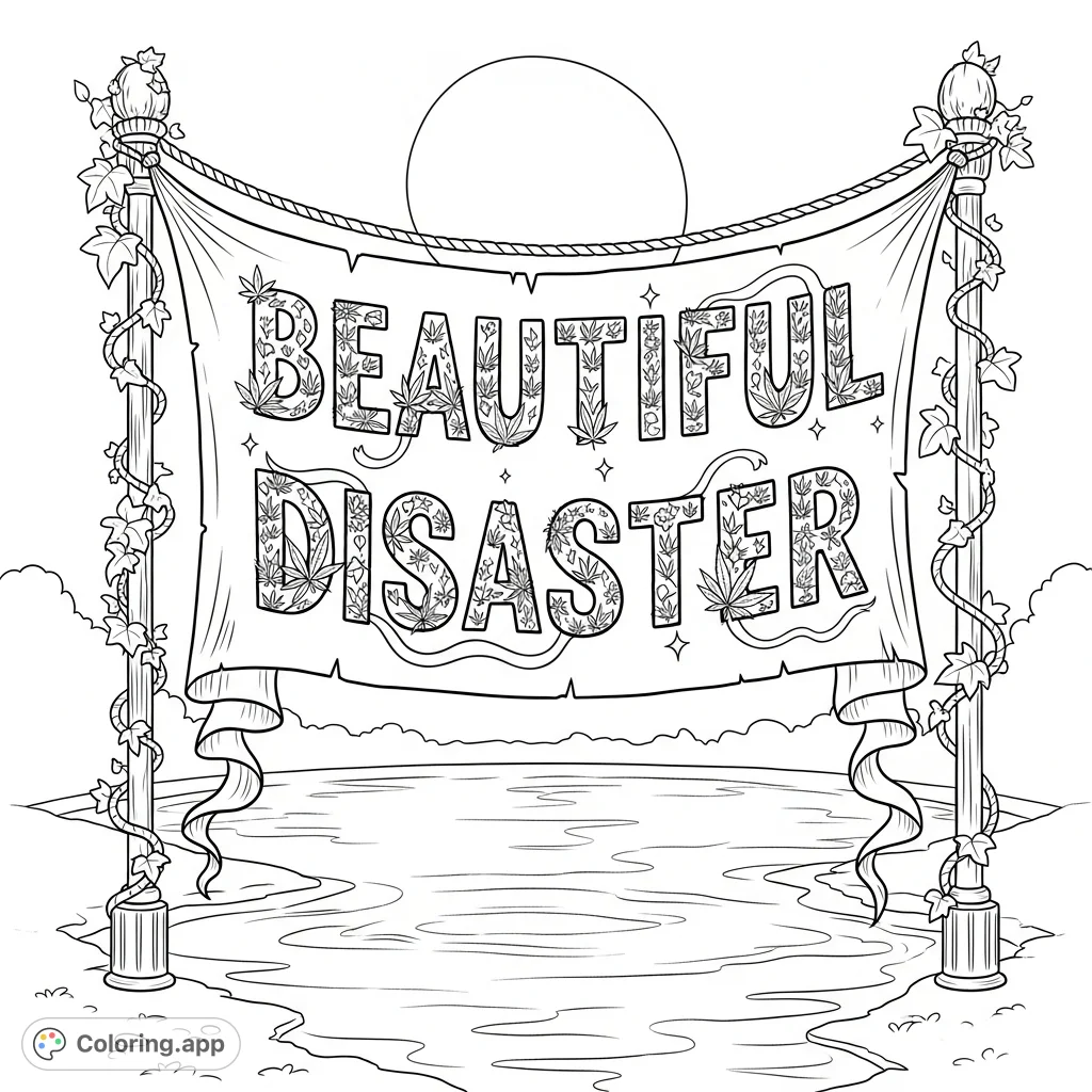 A grand banner proudly displays "Beautiful Disaster" in bold script, adorned with intricate cannabis leaves, sparkling jewels, and ribbons against a serene moonlit pond.