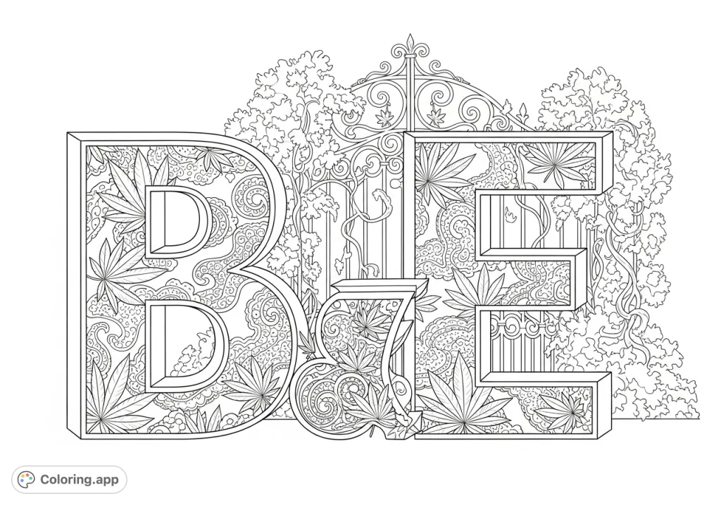 Discover a unique 'Beautiful Disaster' coloring page featuring towering 'B' and 'E' sculptures adorned with stylized cannabis leaves and delicate lace patterns near an ornate gate.