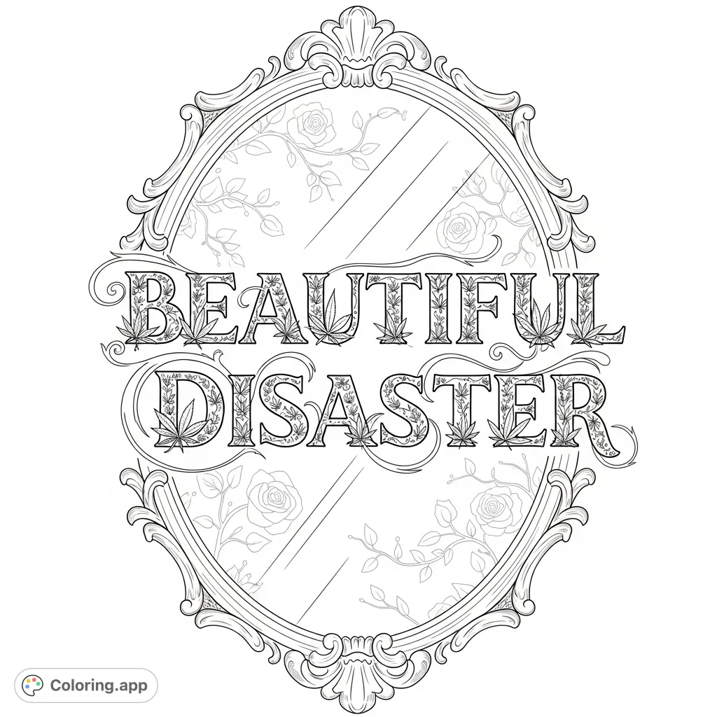 Color a unique 'Beautiful Disaster' script, intricately filled with cannabis leaves and florals, framed by an ornate mirror reflecting a dreamlike garden.