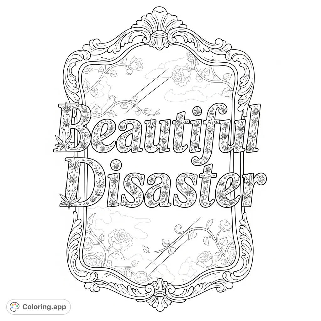 An elegant antique mirror with "Beautiful Disaster" in graceful script, filled with stylized cannabis leaves and florals, reflecting a hazy garden.
