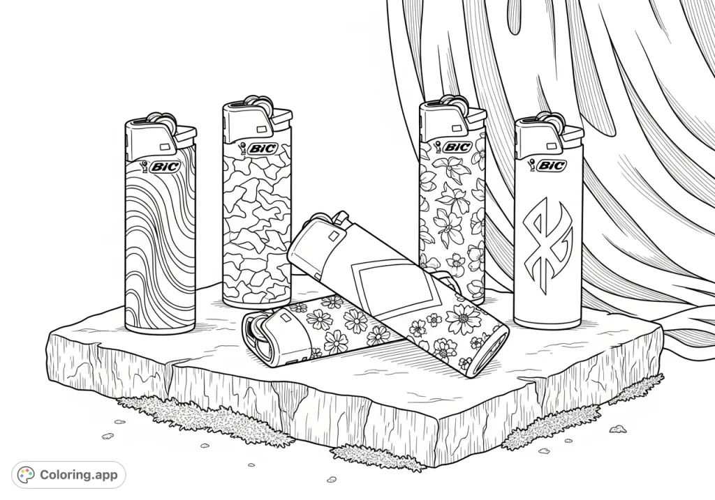 Discover a unique Bic lighter coloring page featuring five distinct lighters arranged on a textured stone slab with a flowing drape backdrop. Perfect for adult colorists!
