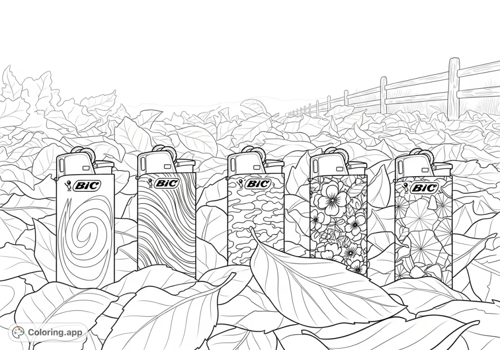 Five uniquely designed Bic lighters peek through scattered, textured leaves, set against a rustic fence. A detailed still life coloring page for creative expression.