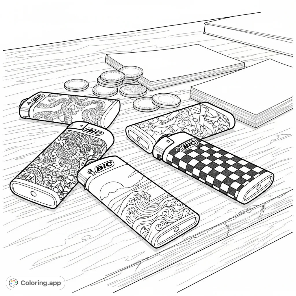 Color a detailed scene of Bic lighters with unique patterns, loose coins, and note cards on a worn desktop, featuring intricate textures.