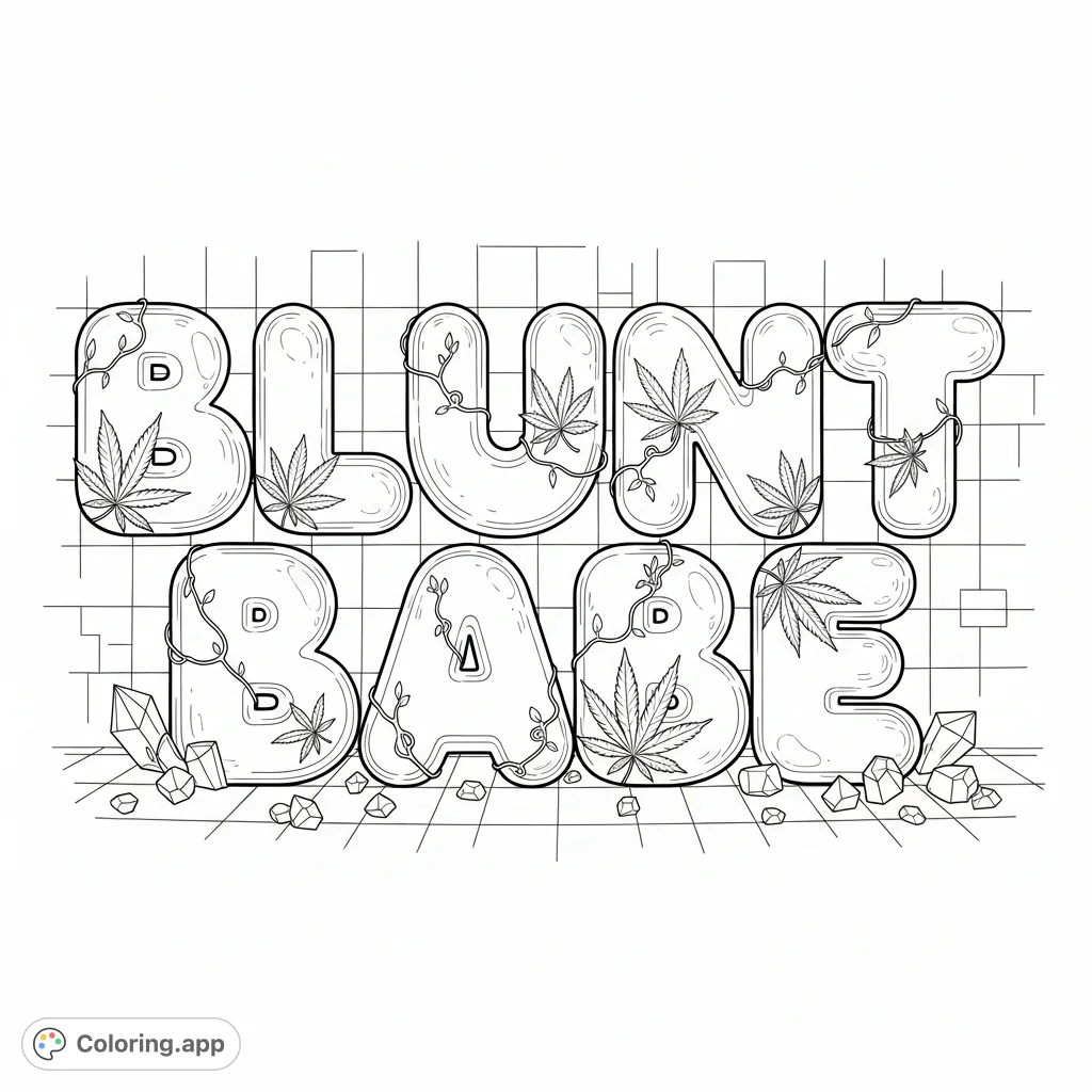 Color "Blunt Babe" in stylish bubble letters, adorned with cannabis leaf motifs and delicate vines, set against a chic tiled wall with sparkling geometric shapes.