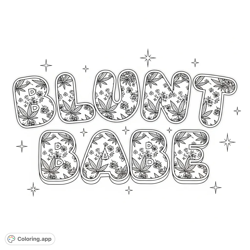 A "Blunt Babe" coloring page featuring dimensional bubble letters filled with intricate cannabis leaf and blossom patterns, framed by an ethereal glow and starbursts.