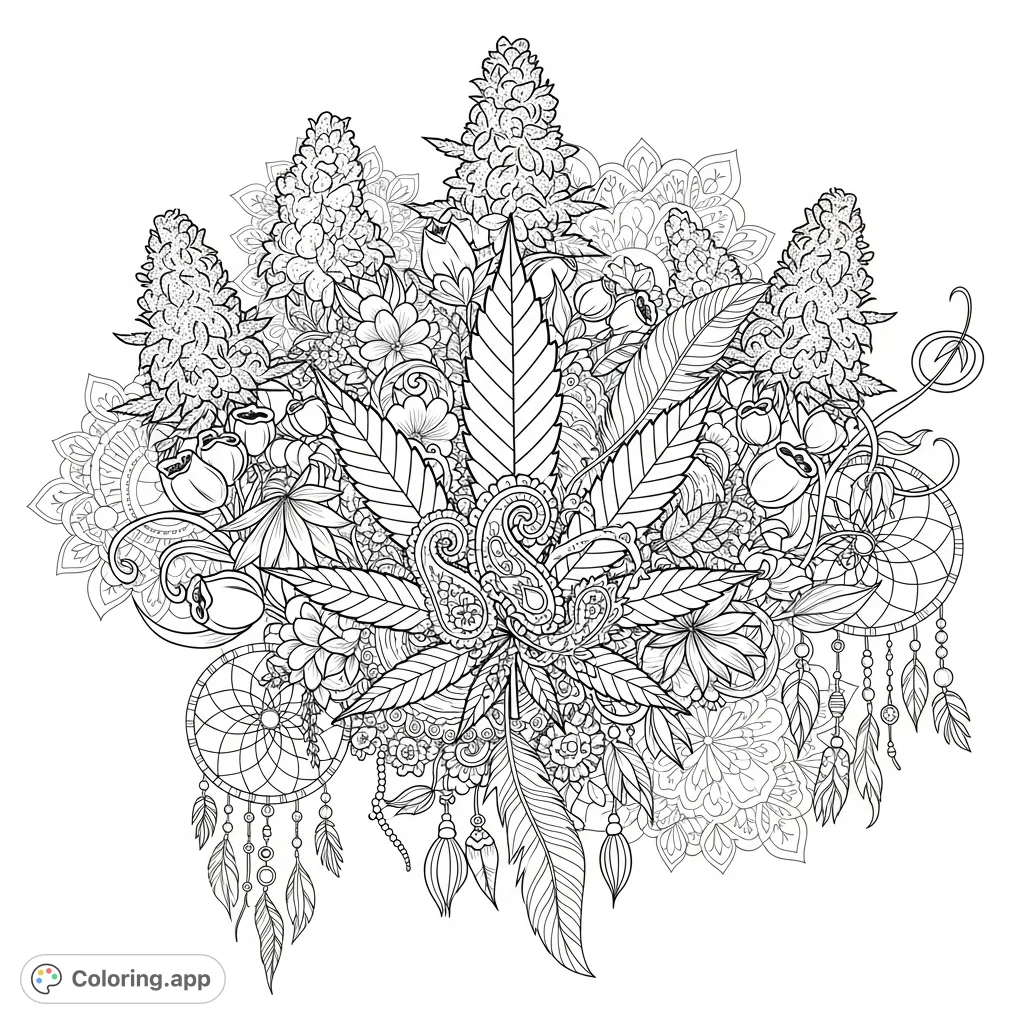 Discover a detailed boho cannabis coloring page, featuring stylized leaves, intricate florals, feathers, and mandalas for a relaxing artistic experience.