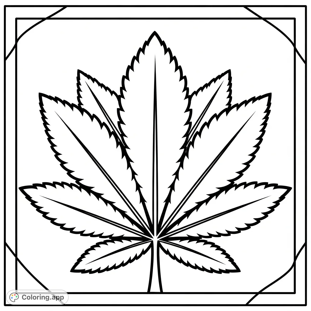 A striking cannabis plant illustration with bold, thick lines, perfect for detailed adult coloring. Features intricate leaves within a clear geometric border.