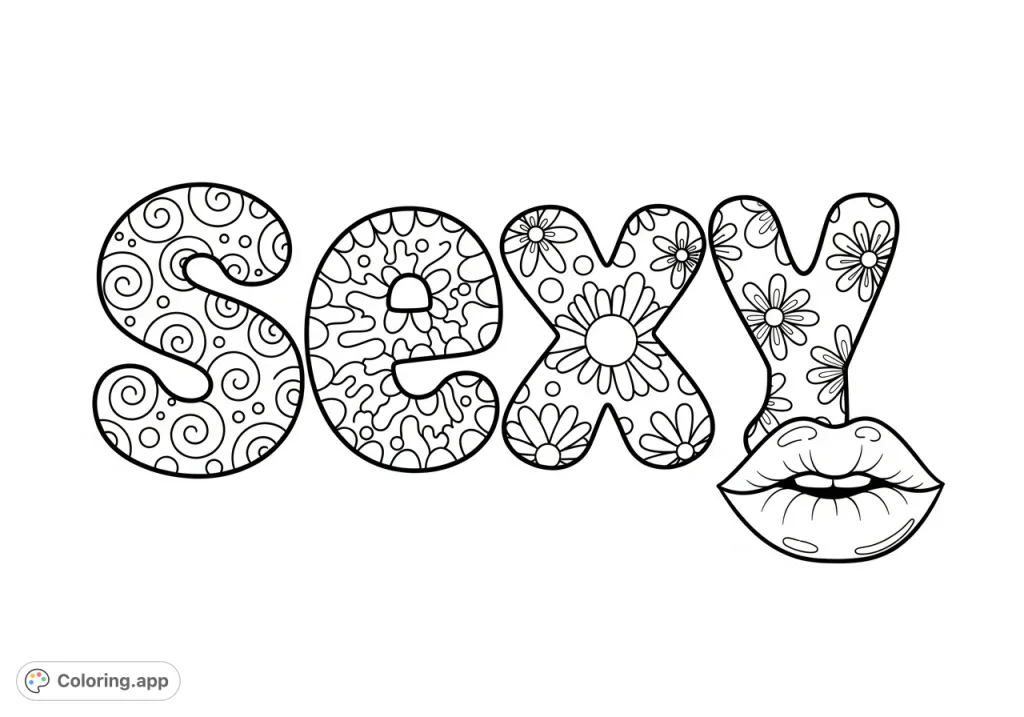 Unleash your creativity with this sexy bubble letters coloring page! Features bold patterns within each letter and a pair of luscious lips.
