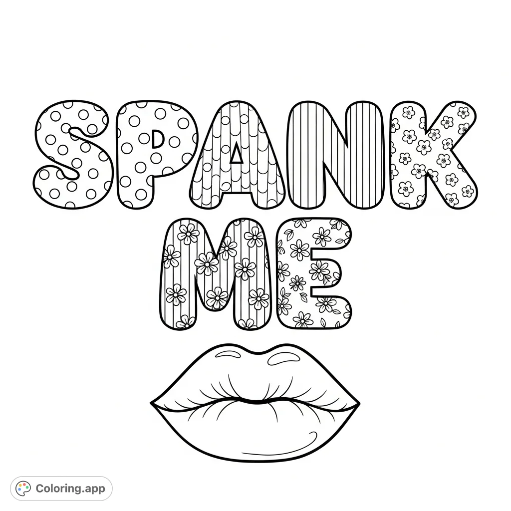 A bold 'SPANK ME' in patterned bubble letters with expressive lips below creates a provocative coloring page. Perfect for adults seeking unique and edgy designs.