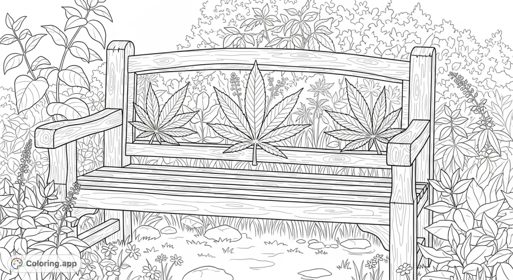 Discover a unique botanical garden bench coloring page featuring intricate cannabis leaf carvings, nestled amidst lush plants and wildflowers. A serene, detailed scene.