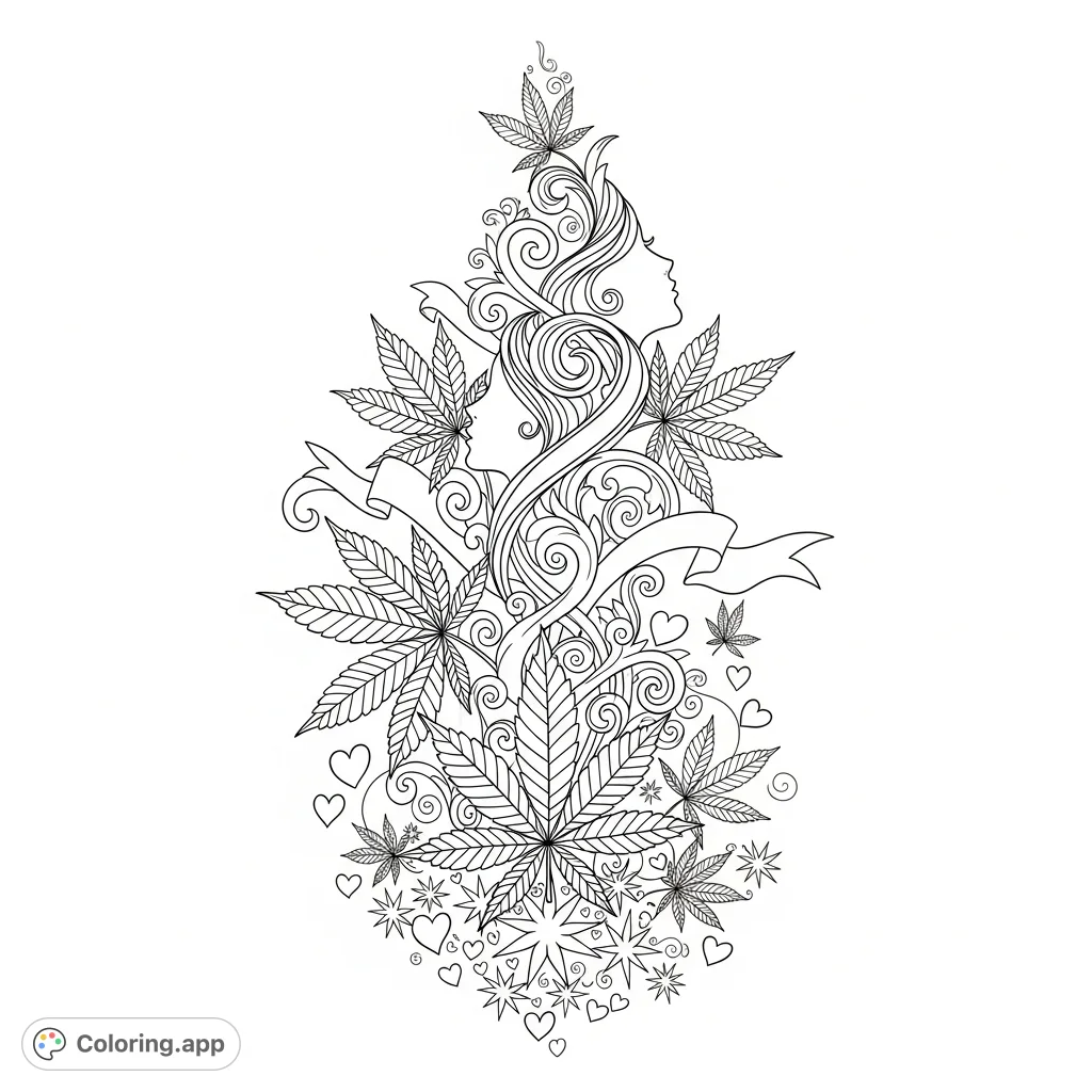 An intricate botanical design featuring broad cannabis leaves, delicate vines, feminine scrollwork, and hidden profiles, all rising from a base of starbursts and hearts.