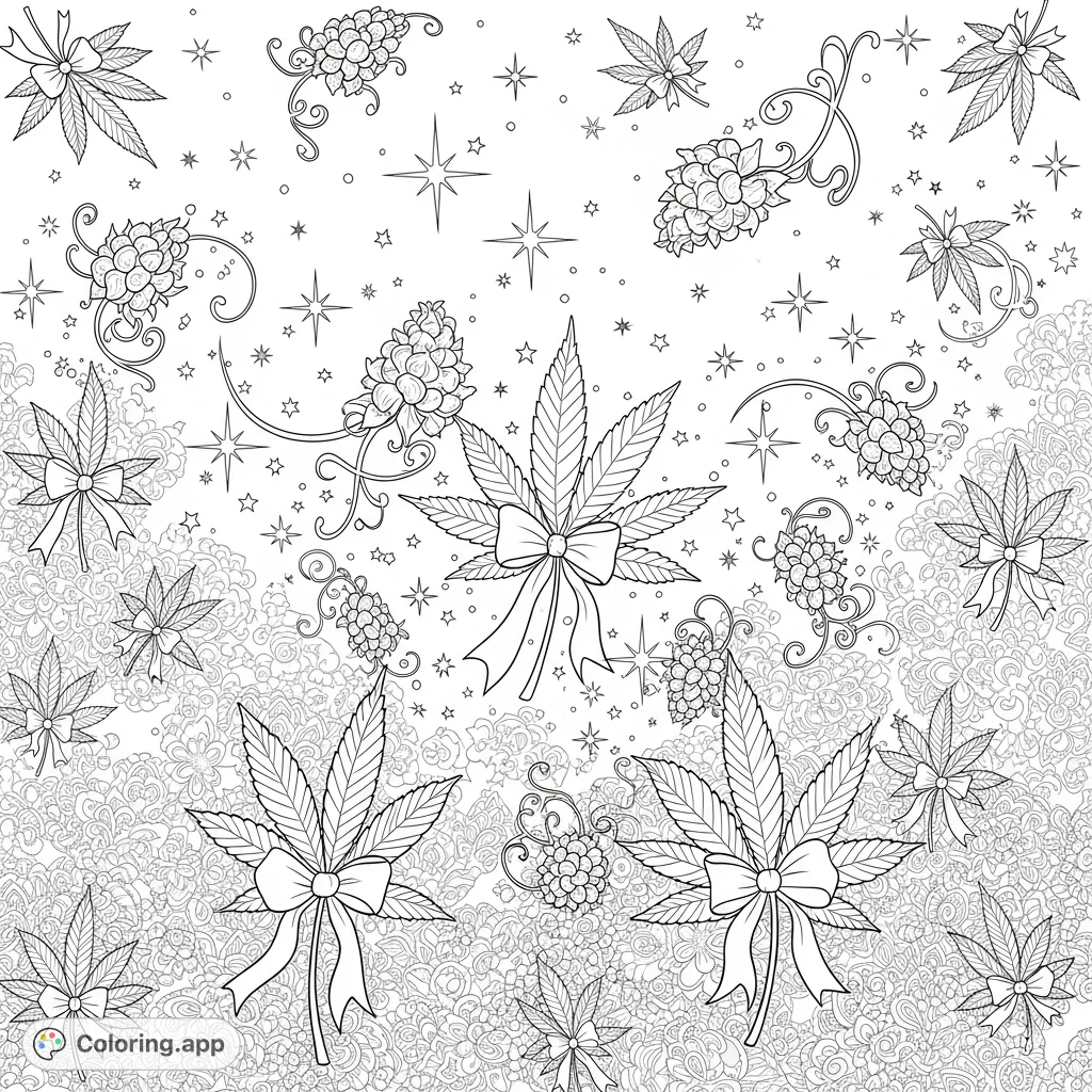 Explore a dreamlike botanical scene featuring delicate cannabis leaves adorned with satin bows, swirling floral buds, and shimmering starbursts against an elaborate lacework pattern.