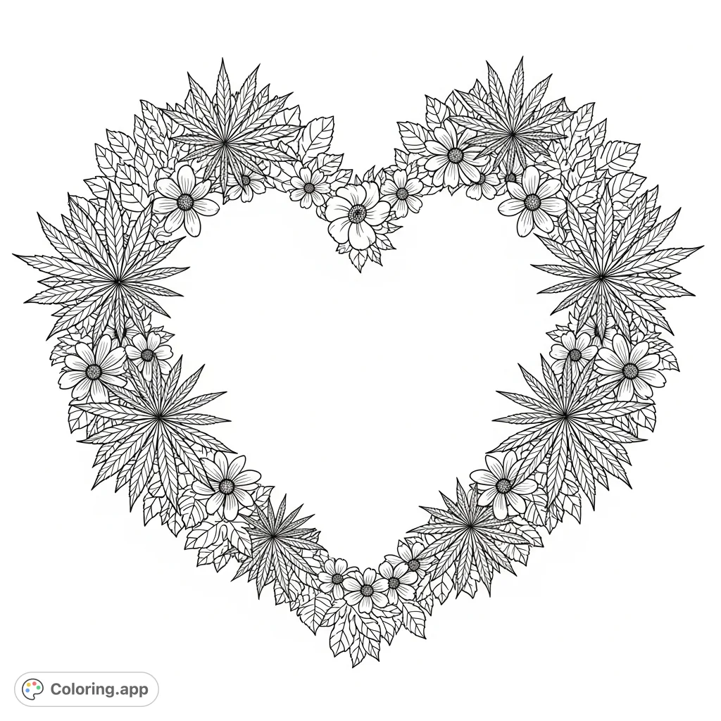 An intricate heart-shaped frame crafted from densely intertwined cannabis plants, diverse flowers, and lush leaves. Perfect for detailed coloring!