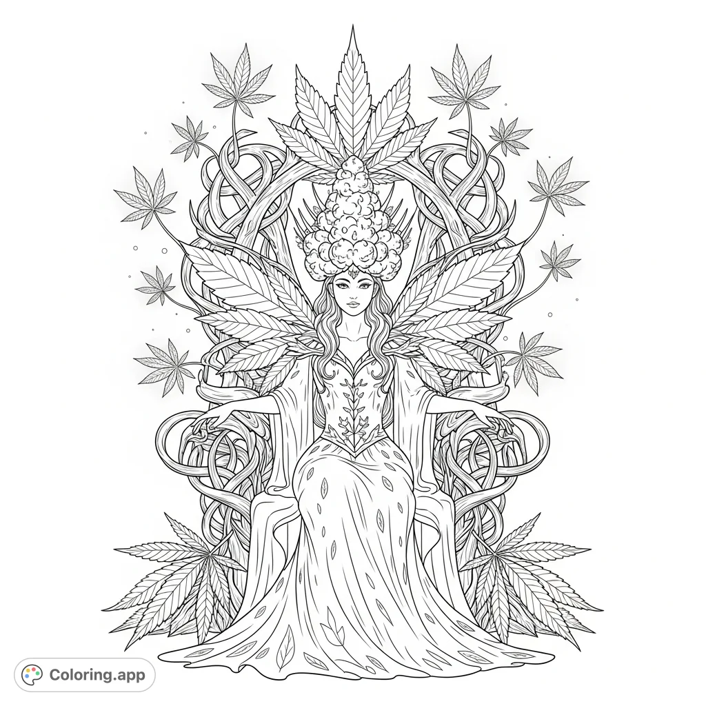Discover a majestic fairy queen seated on a throne of cannabis stems and leaves, adorned with intricate patterns and glistening buds. A unique botanical coloring page.