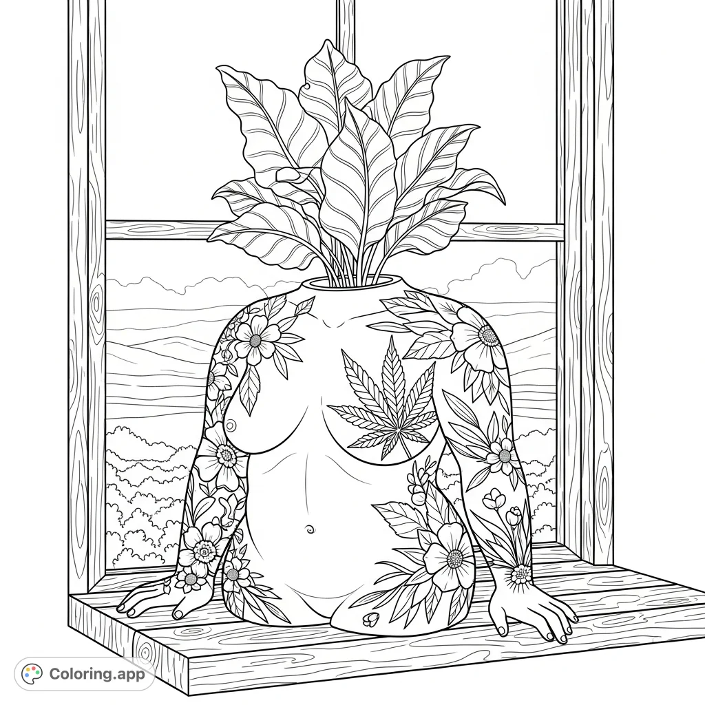 Discover a unique body-positive art piece resting on a rustic windowsill, adorned with intricate botanical and prominent cannabis patterns. A leafy plant sprouts from its opening.