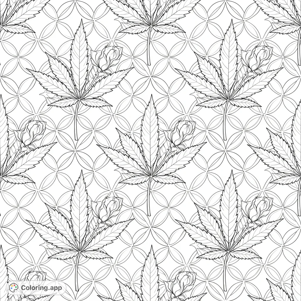 An intricate botanical pattern coloring page featuring stylized cannabis leaves, delicate rosebuds, and an interwoven ribbon lattice for a detailed and continuous design.