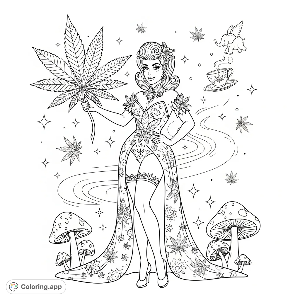 An elegant pin-up figure in elaborate attire with cannabis leaf patterns, holding an ornamental cannabis flower amidst a whimsical, sparkling background.