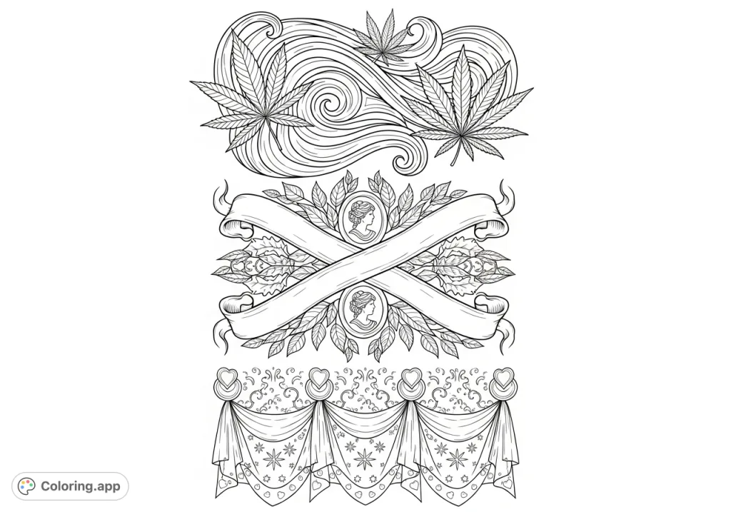An intricate vertical tapestry design featuring stylized cannabis leaves, elegant scrollwork, delicate ribbons, subtle female profiles, and detailed botanical patterns.