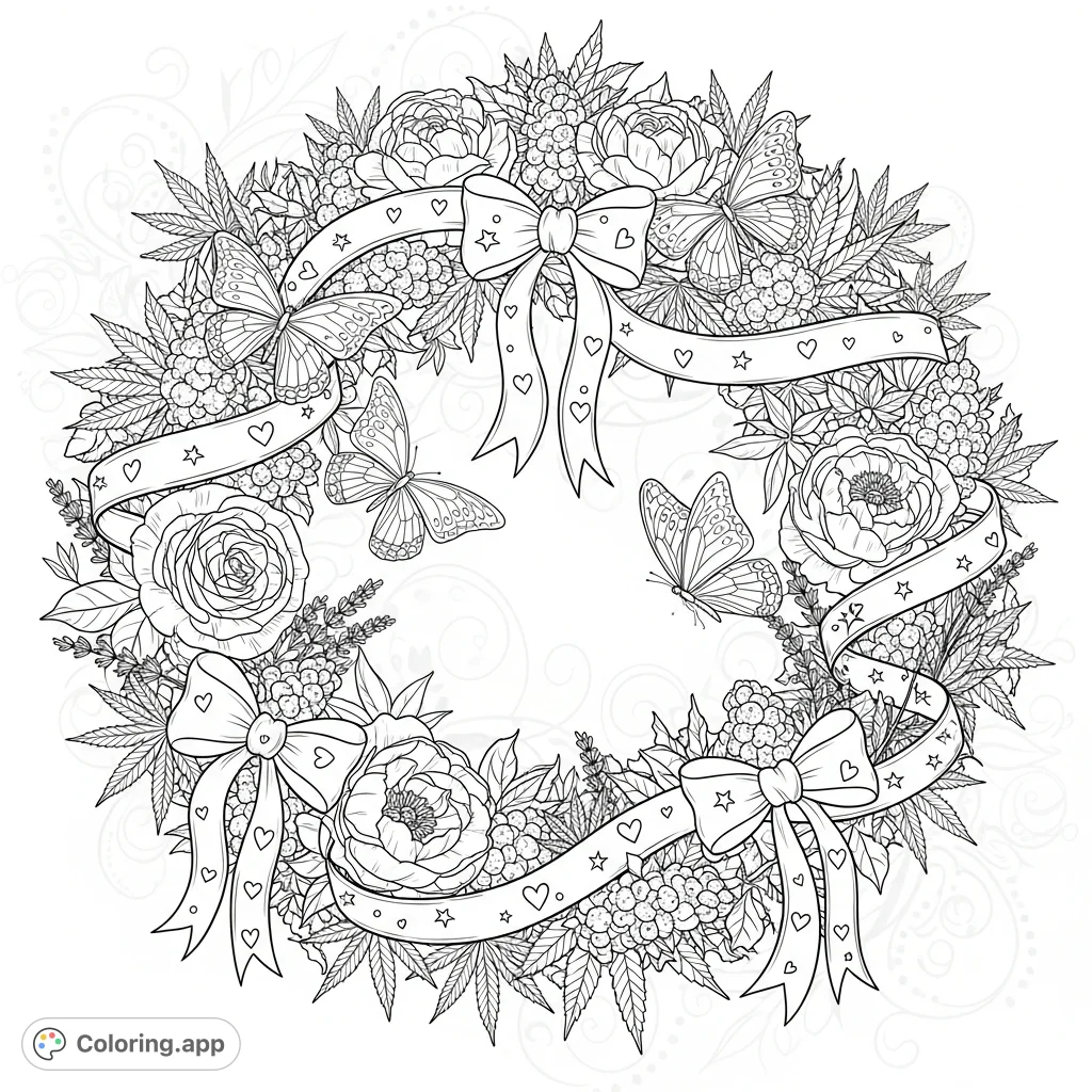 Intricate botanical wreath featuring cannabis leaves, roses, peonies, and butterflies, accented by a winding ribbon with hearts and stars, against swirling vines.