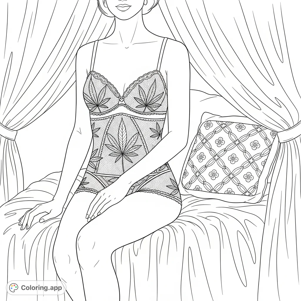 An elegant woman in lace lingerie with cannabis leaf motifs sits on a draped bed, embodying an intimate boudoir aesthetic for adult coloring enthusiasts.