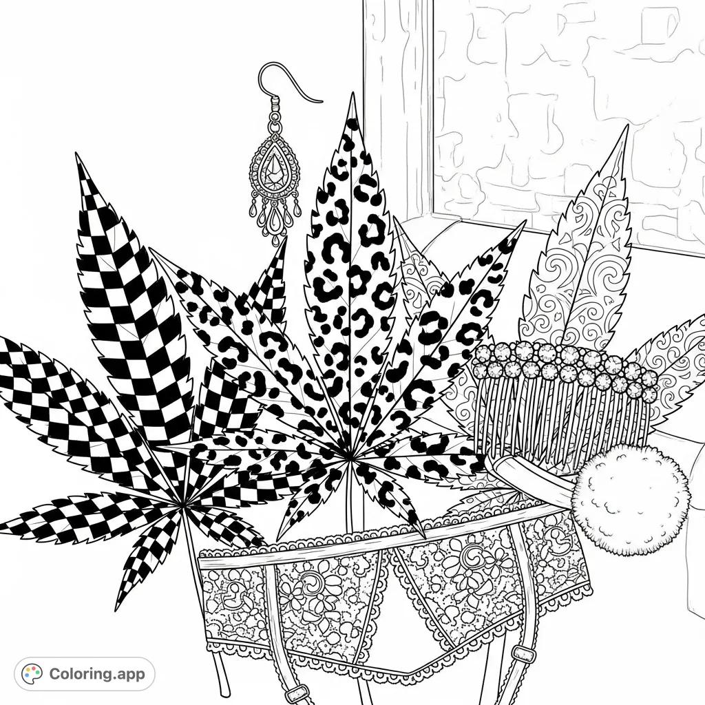 Discover a sophisticated cannabis leaf coloring page featuring intricate patterns, delicate lace, sparkling rhinestones, and boudoir accessories, perfect for adult colorists.
