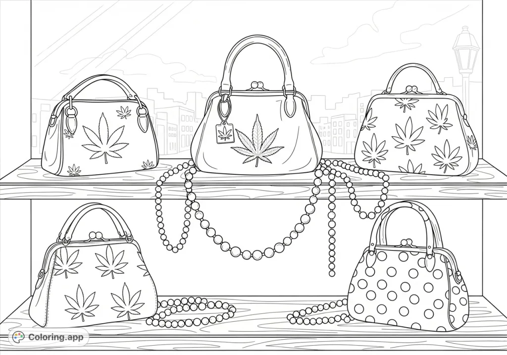 Explore a chic boutique window display coloring page with uniquely shaped purses, featuring marijuana leaf and cannabis flower emblems, intertwined with sparkling beads and chains.